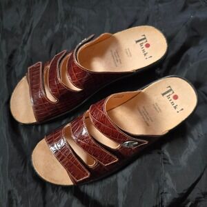 Think! Womens Sandals 12 Brown Croc Embossed Leather Jewelled Comfort